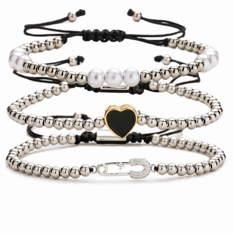 Pulsera Ajustable De Cobre Con Corazón E Imperdible Con Circón Micro Pavé Perlas Artificiales De Imitación Joyería Tejida Mujer
