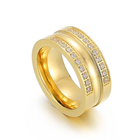 Luxury Pave Zirconia Ring Gold Plated Stainless Steel Wide Band Fashion Jewelry For Women