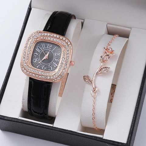 Orologio al Quarzo Quadrato da Donna Bracciale con Rosa Cassa in Oro Rosa Cinturino in Ecopelle con Strass Gioielli Eleganti