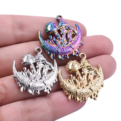 Mushroom Moon Pendant 304 Stainless Steel 18K Gold Plated Crescent Relief Charm For Women Jewelry DIY Accessory