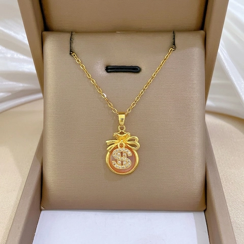 Collana Con Pendente A Sacchetto Di Soldi Portafortuna Con Segno Del Dollaro In Strass Catena In Acciaio Inossidabile Oro