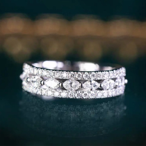 Marquise Cut Zirconia Triple Row Half Eternity Ring Copper White Gold Plated Elegant Niche Design Jewelry Women Gift