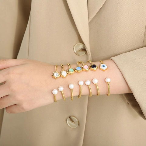 Roestvrijstalen Open Manchetarmband Met Schelpparel En Gekleurde Bloem Glaskristal Elegante Mode-Sieraden Voor Dames