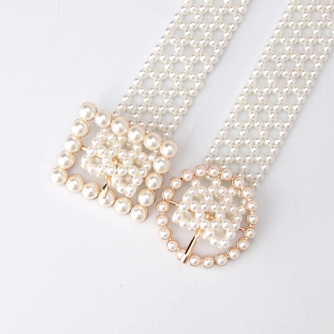 Cintura Intrecciata con Perle Artificiali Elegante da Donna Catena in Vita con Fibbia in Strass in Lega Moda per Vestito Festa