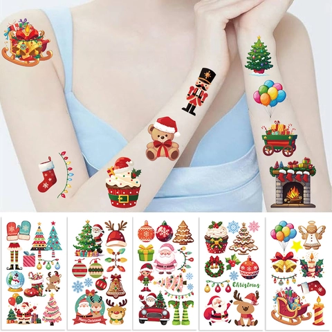 Christmas Temporary Tattoo Stickers Waterproof Cartoon Santa Reindeer Pattern For Kids Holiday Party Favors Body Art Decor