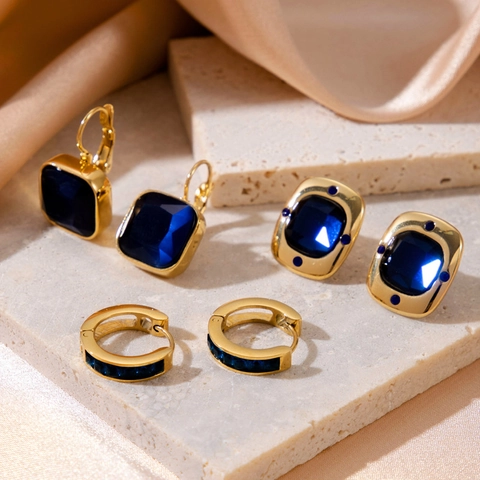 Geometric Square Deep Blue Gemstone Earrings Stainless Steel Gold Plated Retro Luxury Jewelry For Women