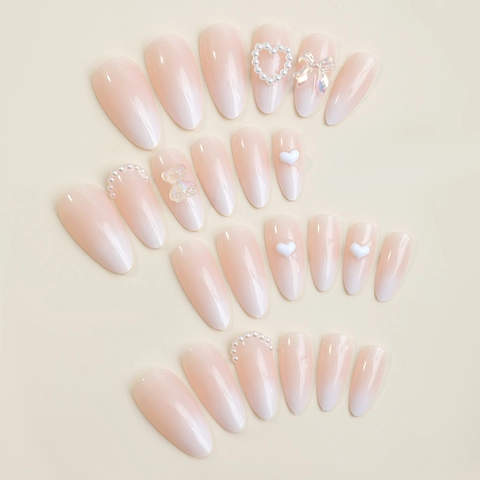 Almond Shape Press On Nails Long Ombre Nude Pink 3D Heart Bear Bow Design Artificial Pearl Decor Sweet Style For Women