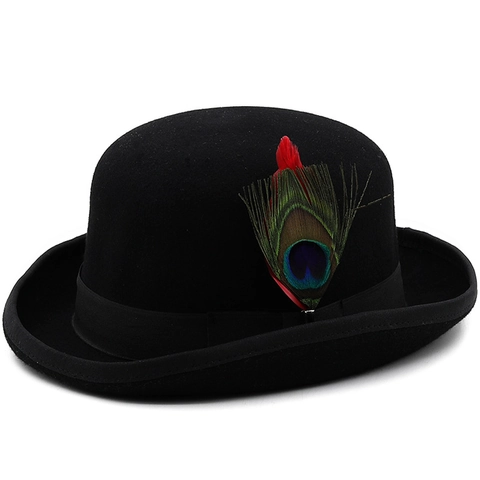 Vintage British Style Bowler Derby Hat For Women Men 100% Wool Felt Dome Top Hat With Feather And Striped Ribbon