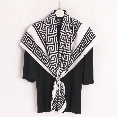 Geometric Greek Key Pattern Square Scarf Twill Satin Satiny Lightweight Hijab Headwrap Shawl Fashion Accessory For Women