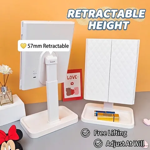 ABS LED Makeup Mirror With Lights Tri-Fold Tabletop Vanity Mirror Height Adjustable Storage Base Magnifying Touch Screen