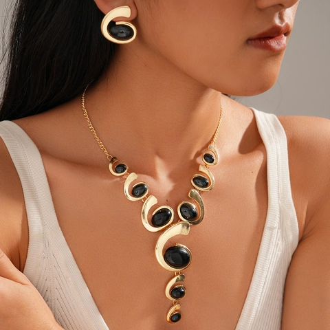 Legierung Halskette Und Ohrringe Schmuck Mit Ovalem Acryl Kunstperlen Geometrische Spirale Statement Damen