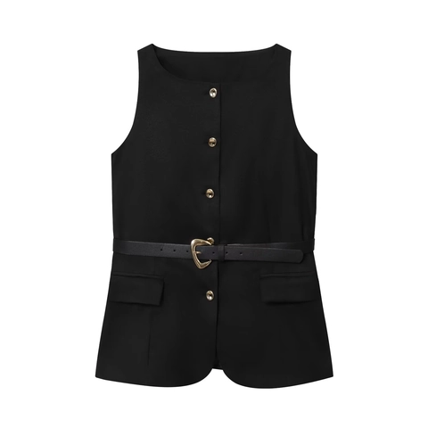 Women Sleeveless Vest Top With Belt Heart Buckle Gold Buttons Elegant Slim Solid Black Polyester
