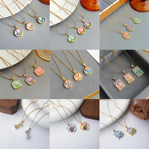 Collana Pendente Fiore Farfalla Smalto Acciaio Inossidabile Pittura Ad Olio Retrò Francese Gioielli Künstliche Perle Per Donne