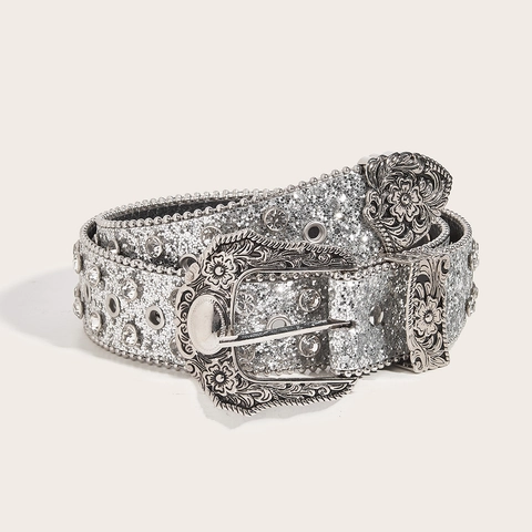 Women American Vintage Rhinestone Belt Subculture Western PU Leather Waist Belt Sparkly Sequin Carved Alloy Buckle Belt