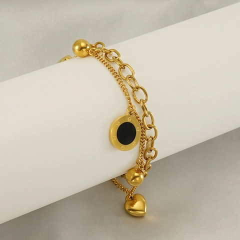 Bracelet Double Couche Pendentif Cœur Acier Inoxydable Plaqué Or 18K Disque Chiffres Romains Bijoux Tendance Femmes