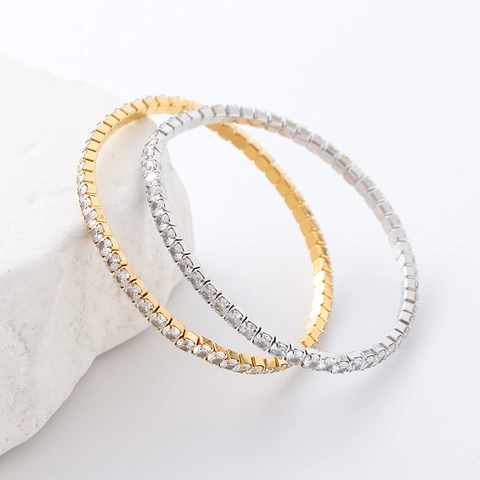 Pulsera Tennis De Acero Inoxidable Circón Elástica Extensible Para Mujer Joyería De Moda Chapada En Oro Plata Elegante