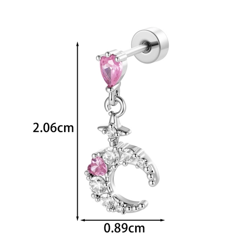 Moon Star Pendant Ear Bone Stud Pink Heart Zircon Copper Titanium Steel Body Piercing Jewelry Vintage For Women