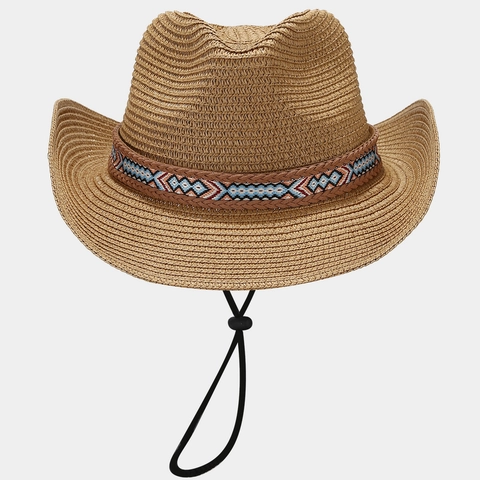 Straw Cowboy Sun Hat Bohemian Ethnic Wide Brim Breathable Summer Beach Vacation Adjustable Wind Rope For Women
