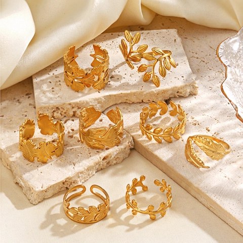 Ginkgo Blatt Olivenzweig Feder Ring 18K Vergoldet Edelstahl Offen Verstellbar Boho Natur Stil Für Damen