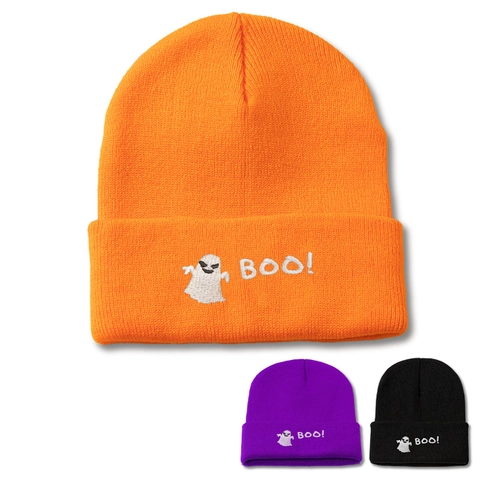Halloween Beanie Strickmütze Geist Stickerei BOO Schriftzug Umschlagmütze Warm Acryl Herbst Winter Hip Hop Mütze