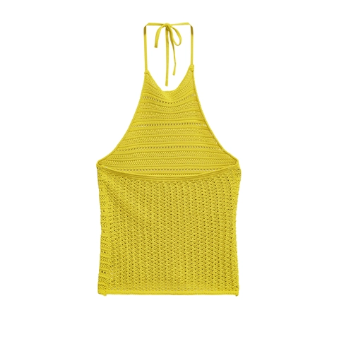 Gelbes Strick Halter Tank Top Ausgehöhlt Häkeln Strukturiert Slim Fit Ärmelloses Crop Cami Für Damen