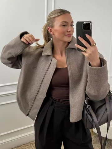 Women Short Woolen Jacket Polyester Lapel Zipper Long Sleeve Solid Color Casual Streetwear Outerwear Fashion