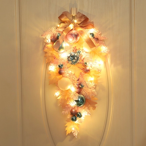 Christmas Hanging Teardrop Swag Pink Blue Ornament Ball PVC Pine Needle Ribbon Bow Warm LED Light Home Door Wall Decor