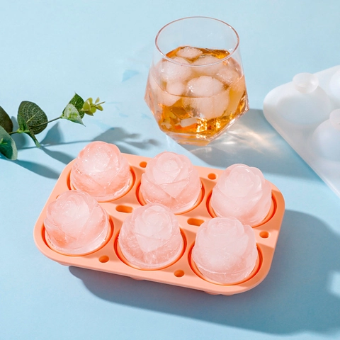 Rosen-Eiswürfelform Silikon 6-Loch Auslaufsicher Mit Trichterdeckel Wiederverwendbar Whiskey Cocktail Große Blumenschale