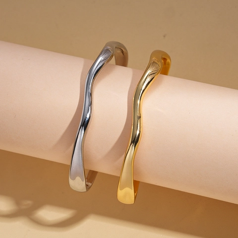 Bracciale Aperto Minimalista A Onde Geometriche In Rame Lucidato Gioielli Stile Moderno Per Donna