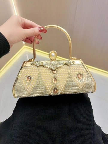 Luxuriöse Abend Clutch Tasche Künstliche Perle Strass Metallrahmen PU Futter Bankett Hochzeit Party Handtasche Damen Vintage