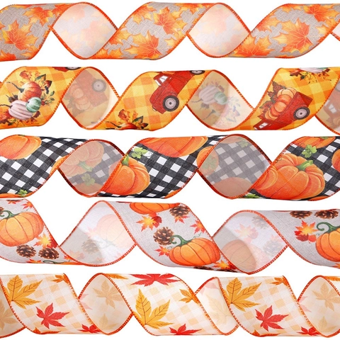 Halloween Thanksgiving Faux Linen Wired Ribbon Pumpkin Maple Leaf Truck Print Fall Harvest Party Decor DIY Bows