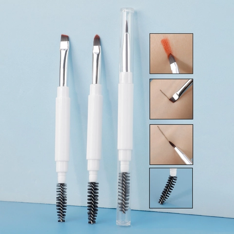 Dual Ended Makeup Brush With Spoolie Synthetic Fiber Silicone Lip Eyebrow Eyeliner Portable Tool With Caps