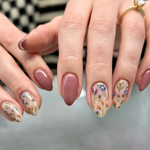 Mandelform Künstliche Nägel Blumendruck Blumen Süße Ins Stil Künstliche Nagelspitzen Staubrosa Morandi Rosa Glänzend