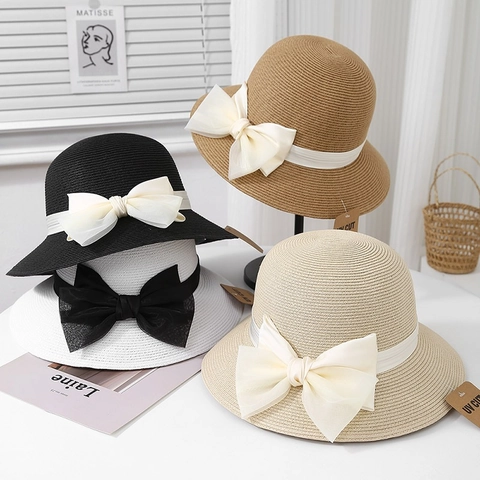Women French Style Straw Sun Hat UV Protection Breathable Wide Brim Elegant Beach Bucket Hat With Large Satin Bow