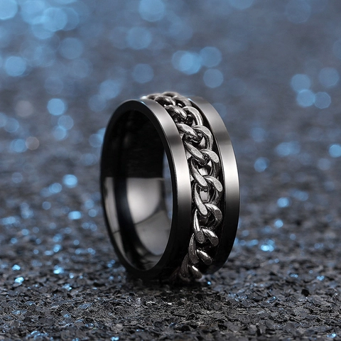 Rotatable Cuban Chain Spinner Ring Stainless Steel Hip Hop Punk Industrial Style Stress Relief Men Women Jewelry