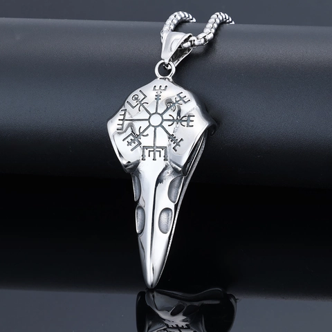 Collana Pendente Teschio Di Corvo Bussola Vichinga Vegvisir Rune Nordiche Acciaio Inossidabile Vintage Gothic Punk Uomo
