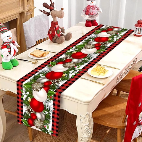 Christmas Table Runner Polyester Red And Black Plaid Border Christmas Ball Pine Cones Holiday Dining Decor Festive
