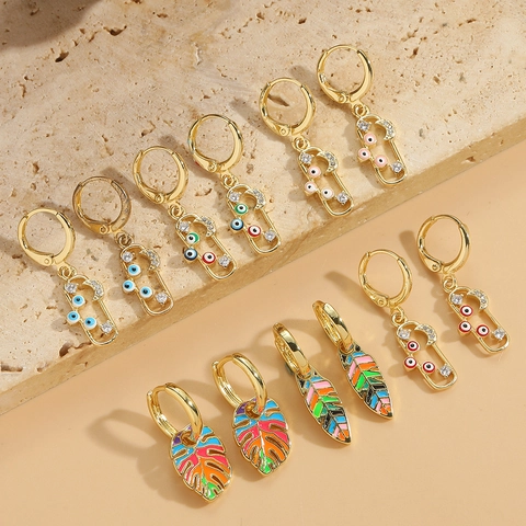 Orecchini Pendenti in Rame Smaltato con Occhio del Diavolo e Foglia per Donna Gioielli di Moda con Zirconia Colorata