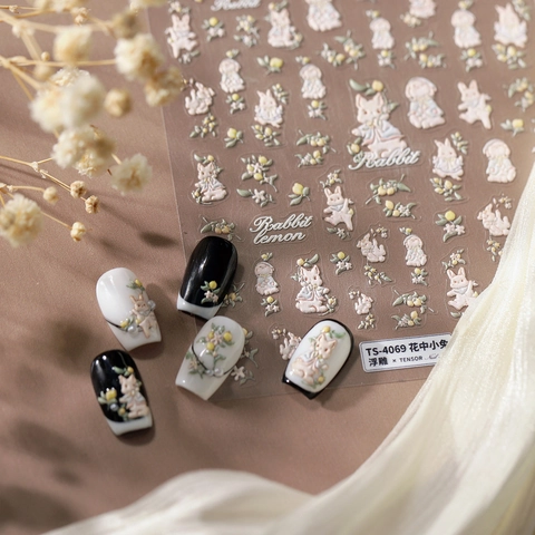 Pegatinas Para Uñas Relieve 5D Diseño Conejo Lindo Limón Flores Autoadhesivas DIY Manicura Arte Para Mujeres