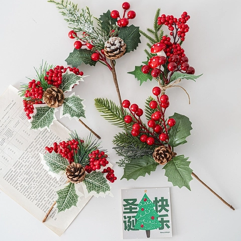 Artificial Christmas Berry Pine Cone Branches Plastic Frosted Pine Needles Holly Leaf Sprays Tree Decor Vase Filler Holiday