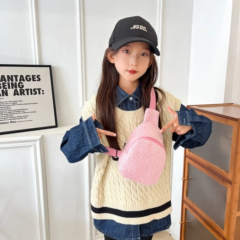Kids Plush Chest Bag Lamb Wool Crossbody Bag Minimalist Solid Color Adjustable Strap For Toddlers Boys Girls