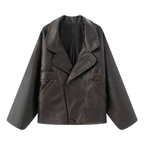 Veste en Cuir PU Vieilli Vintage pour Femmes Revers Oversize Boutonnage Simple Manteau de Mode Décontracté