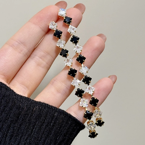 Lange Tassel Hänger Ohrringe Geometrisch Zirkon Quadrat Vergoldet Kupfer Mit 925 Sterling Silber Ohrstecker Elegant