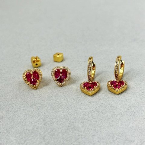 Hartvormige Rode Zirkonia Knop En Ring Oorbellen Ketting Koper Verguld Franse Stijl Sieraden Voor Vrouwen