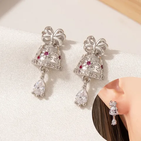 Bow Bell Waterdrop Pendant Cartilage Stud With Titanium Steel Post Double Headed Screw Back Zircon Dainty Earring Women