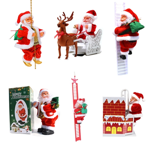 Electric Santa Claus Climbing Bead String Ladder Reindeer Sleigh Musical Christmas Decoration Plastic Plush Ornament