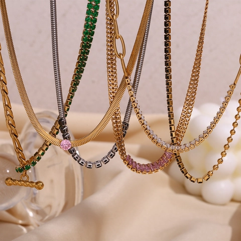 Fashion Stainless Steel Zirconia Splicing Necklace For Women Gold Silver Plated Figaro Snake Chain Choker Jewelry