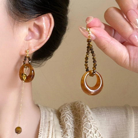 Orecchini Pendenti In Resina Geometrica Con 925 Sterling Silver Earring Post Retro Leopardo Ambra Fiore Donna