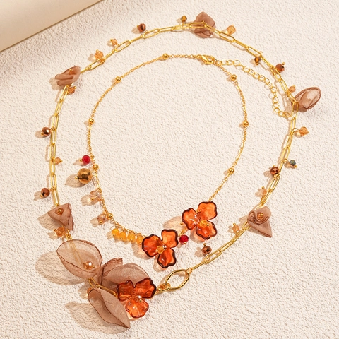 Collana Di Fiori A Strati Vintage Acrilico Chiffon Ambra Perle Floreali Lega Catena Dorata Gioielli Donna Vacanze