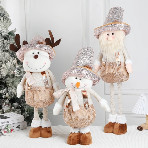 Christmas Plush Doll Telescopic Standing Reindeer Snowman Santa Claus Sequined Fabric Ornament Holiday Home Party Decor